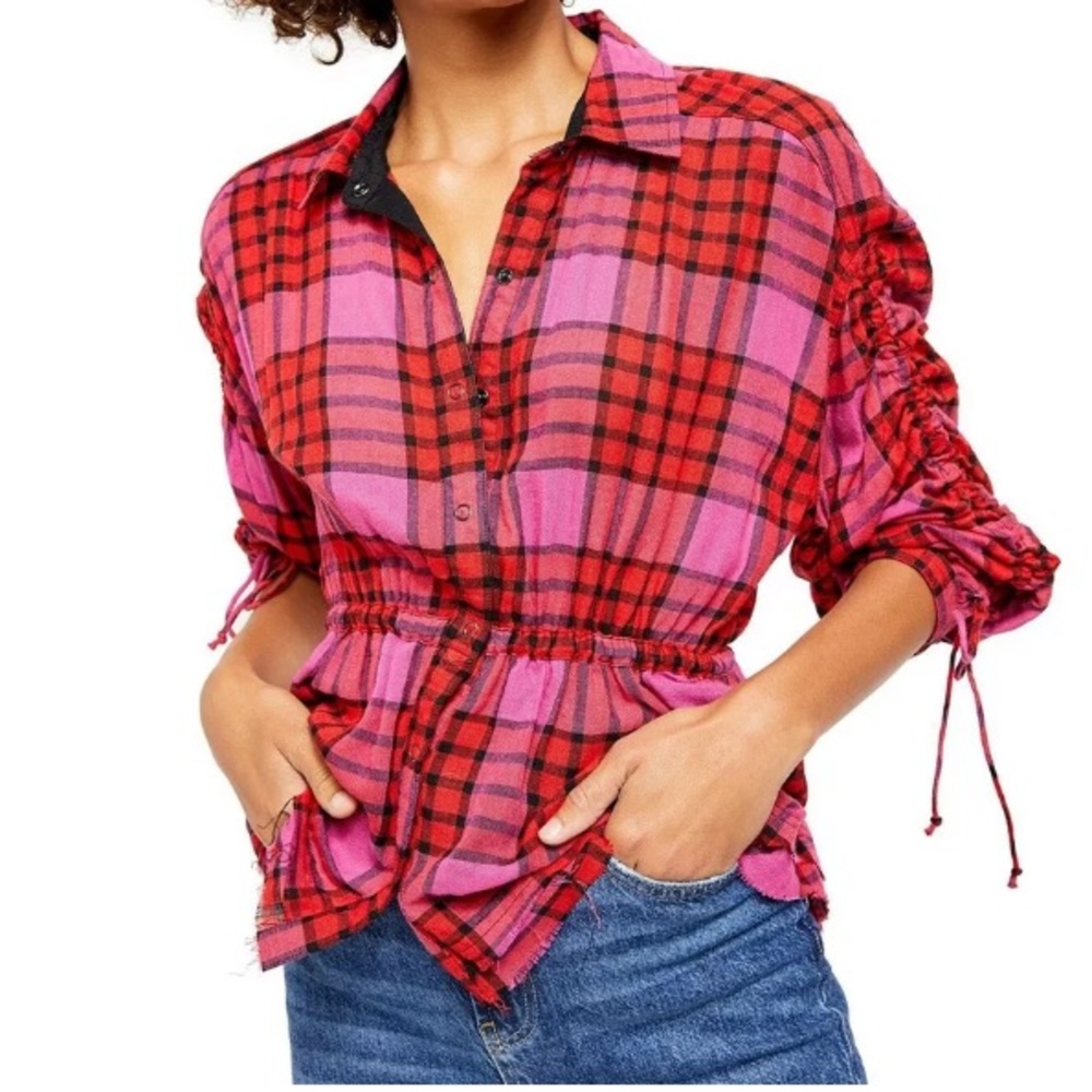 Free People Plaid Ruched Button Down Shirt